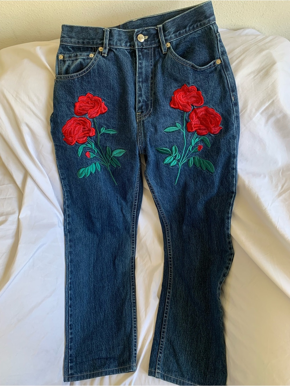 Womens Adam Selman Rose Rodeo Jeans Embroidered Size 6 Dark Blue 26 x 28